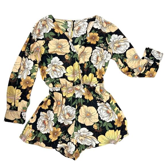 Forever21 Black Yellow Multi Long Sleeve Floral Short Romper Size 1X - Picture 2 of 12